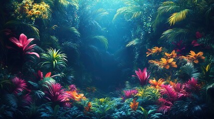 Naklejka premium Lush, vibrant tropical jungle scene