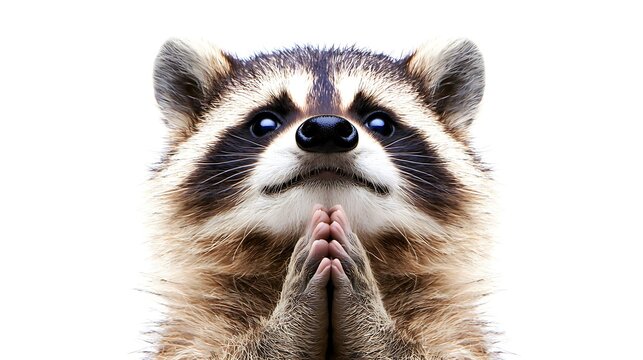 Adorable raccoon with paws pressed together in a pleading gesture against a white background
