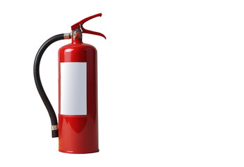 Red fire extinguisher with visible label and nozzle, isolated against a white background. Important safety equipment for emergency use and fire prevention.