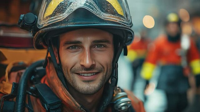 Brave Protector: A stoic firefighter stands tall, a portrait of bravery and resilience, embodying courage in the face of danger.