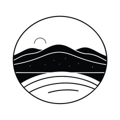 Minimalist landscape with hills sea and moon in circle black and white design