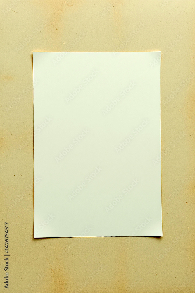 Poster blank white paper laying on light brown backdrop. empty space for message or art. rectangular paper 