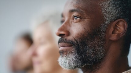 minimalistic group portrait diverse individuals of various races and ages blurred background