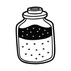 Black and white illustration of a potion bottle with liquid and bubbles inside