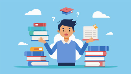 A cartoon of a stressedout student juggling various stacks of books with different loan amounts written on them looking overwhelmed while a. Vector illustration