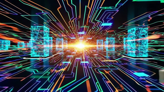 Glowing Neon Cyber Tunnel with Abstract Digital Grid Patterns, Cyber Attack Concept