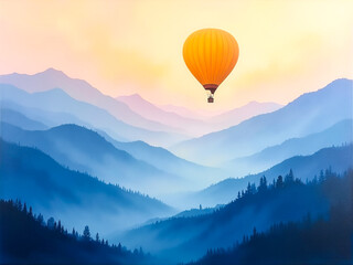 Fototapeta premium Hot air balloon silhouette floating over layered mountains during golden hour with vibrant colors