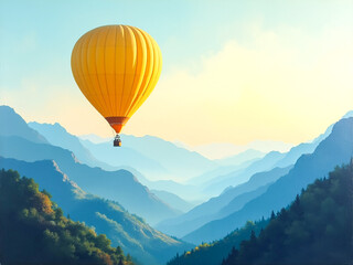Fototapeta premium Majestic hot air balloon soaring over misty mountains with pastel sky and cinematic atmosphere