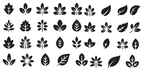 set of black vector simple leaf line icons outlines silhouettes