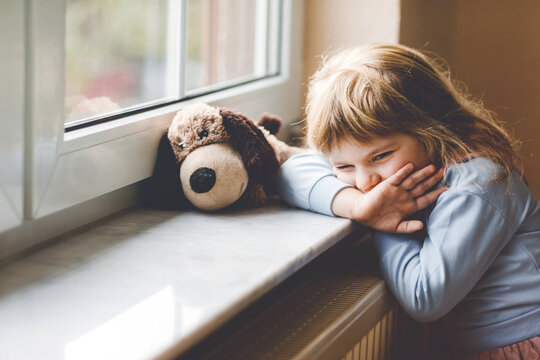 Upset toddler girl sitting by window and looking out. Sad crying child feeling unhappy. Lockdown and isolation concept during corona virus pandemic time. Lonely preschool kid.