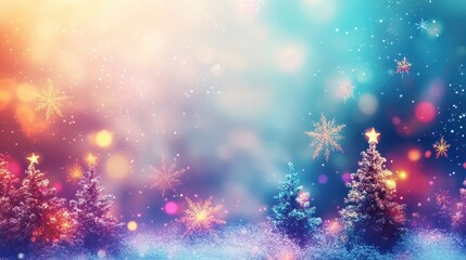 Magical Christmas background with snow, snowflakes, and Christmas trees. Festive winter holiday season concept.