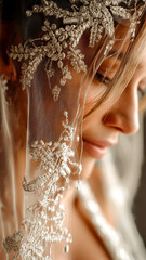 Obraz premium Elegant bride in a beautifully embellished headpiece and veil, soft and romantic, showcasing exquisite detail and delicate beauty.