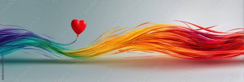 Poster heart balloon floats joyfully through vibrant rainbow trail creating a feeling of lightness and happ
