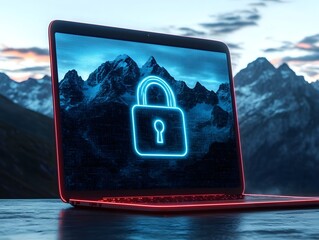 Cyber Fortress: A sleek laptop glows with a digital padlock symbol against a stunning mountainous landscape background, representing data security and privacy in the modern digital world. 
