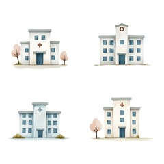 Set of Hospital Building Icon Modern Healthcare Emergency ER Care Medical Provider Insurance Sick Insurance Watercolor illustration