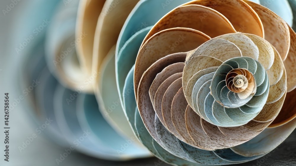Aufkleber Macro View Captures the Intricate Spiral Structure of a Seashell Showcasing Soft Pastel Shades in a Tranquil Natural Setting