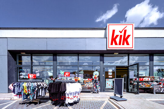 Steszew, Poland - April 22, 2025: a KiK store on a sunny day, KiK is an international clothing discount stores chain based in Germany.