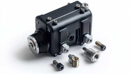 A mini digital air compressor with nozzle attachments isolated on a pure white background, realistic lighting and shadow, ideal for cut-out and compositing