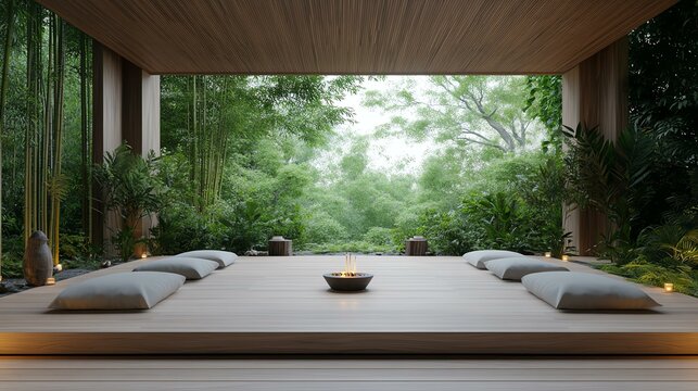 Outdoor wellness and mindfulness retreat. A serene meditation space surrounded by lush greenery, promoting relaxation and mindfulness in a tranquil environment.