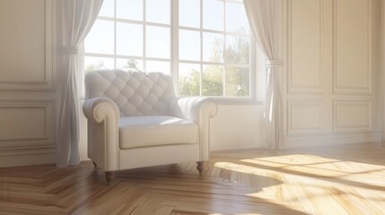 Fototapeta premium A cozy living room scene featuring a window with natural light streaming in, an inviting armchair, and a warm wooden floor.