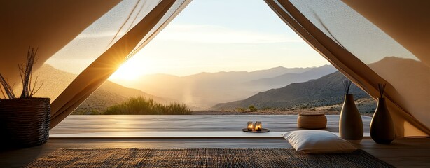 Outdoor wellness and mindfulness retreat. A serene view of mountains at sunset from a cozy interior, creating a calm and peaceful atmosphere for relaxation.