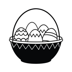 Decorative basket with easter eggs outline black and white vector graphic illustration