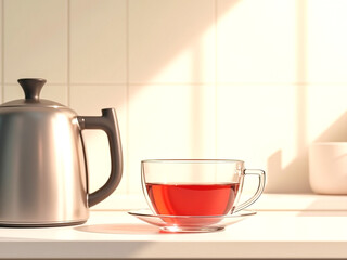 Fototapeta premium Cozy cinematic kitchen illustration with red tea and warm morning light in anime realism