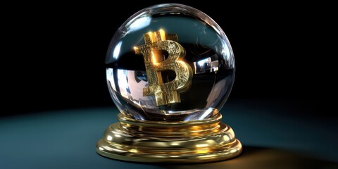 Golden Bitcoin in Crystal Snow Globe on Dark Teal Background