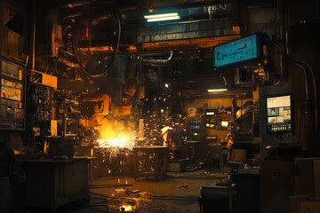 small metal fabrication workshop with sparks flying from welding