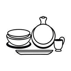 Minimalist outline illustration featuring kitchenware and tableware including bowls pitcher plate and mug