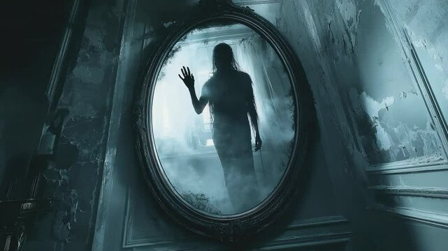 Mirror Ghost: Eerie reflection of a spectral figure in an antique mirror within a decaying mansion, creating a chilling and suspenseful scene.
