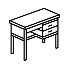 Minimalist desk illustration with drawers and shelf black outline style vector
