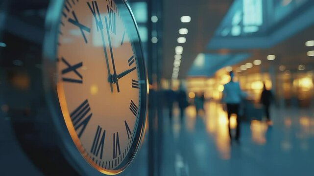 Time's Journey: A classic clock face in a modern travel hub, where time marches on, while the blurred silhouettes of travelers rush through their respective journeys. 