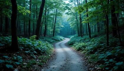 Obraz premium Tranquil forest path, journey down a serene dirt road amidst towering trees dirt