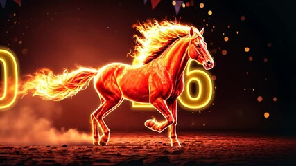 Fiery horse galloping through neon 2026 countdown with sparkling animation