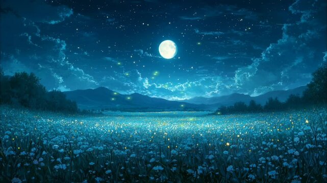 Moonlight shining over flower field with stars, clouds, and glowing fireflies at night, seamless looping 4k time-lapse animation video background. Fantasy nature concept
