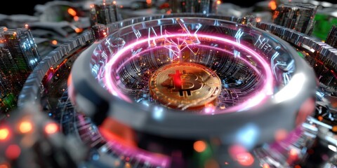 Futuristic Glowing Circular Device with Golden Coin