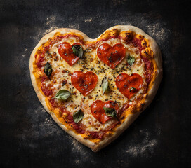 Delicious heart shaped pizza with salami