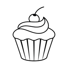 Cupcake with cherry outline vector illustration dessert sweet food black and white isolated