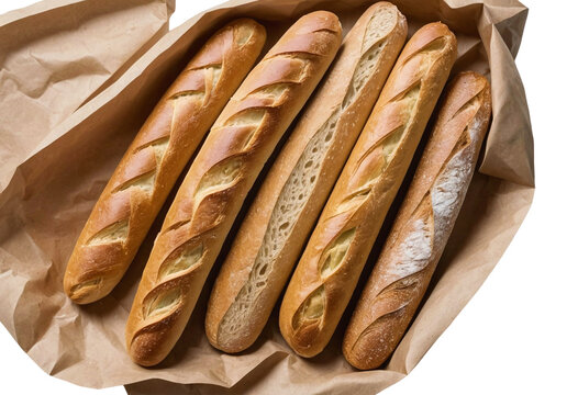 Freshly baked baguettes arranged neatly in brown paper wrapping, showcasing the classic French bread with crisp,