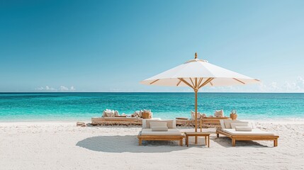 Fototapeta premium Pristine beach scene with sun loungers
