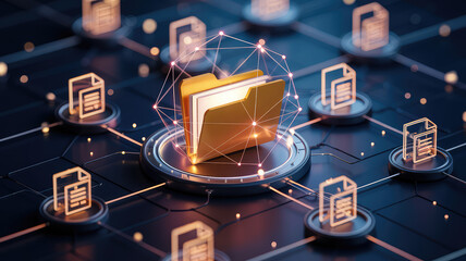 Data Flow Visualization: A cutting-edge digital representation showcasing a central folder interconnected with multiple data files. Representing data management and advanced digital infrastructure.
