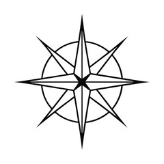 Minimalist eight point compass rose navigation symbol in black and white graphic illustration