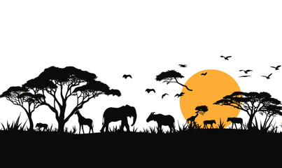 African Safari Silhouette Panorama with Wildlife, Trees, and Sunset for Nature Logos