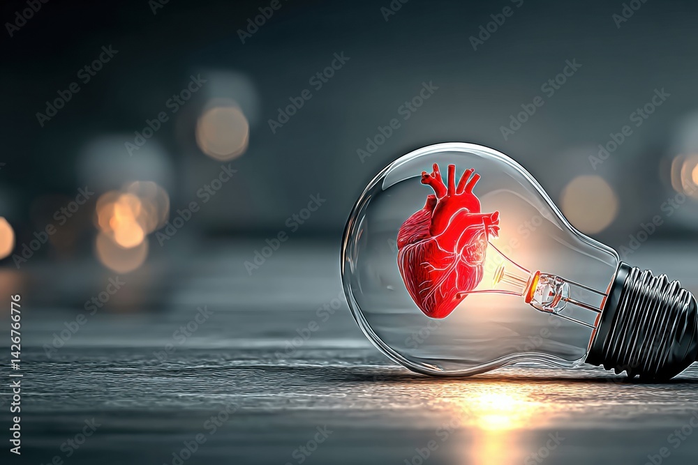 Poster Creativity and Healthcare Ideas Illuminated by a Heart Inside a Light Bulb Symbolizing Inspiration