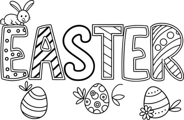 Easter word with cartoon rabbit and decorated eggs outline on transparent background