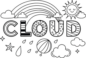 Cloud Text with Rainbow, Sun, Clouds, Raindrops, Umbrella, Stars in Black and White