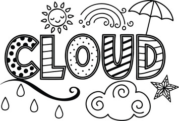 Obraz premium Cloud Lettering with Raindrops, Sun, Rainbow, Umbrella, Swirling Cloud Outlines