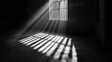Thin stream of sunlight cutting through the shadows of a dark prison cell, landing on the bare floor