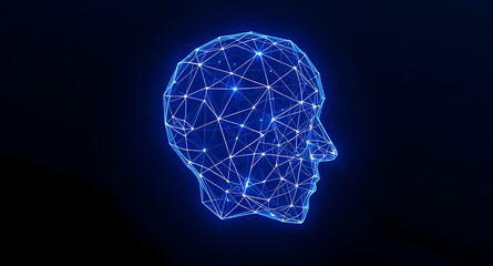Abstract AI Face Made of Glowing Wireframe Mesh in Dark Space – Futuristic Digital Identity and Artificial Intelligence Concept Art